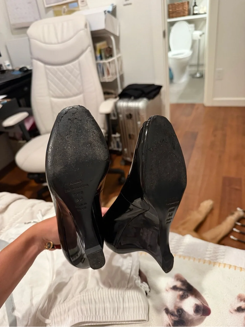 Reformation Black Patent Peep-Toe Wedge Heels with Red Interior